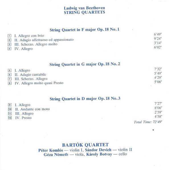 télécharger l'album Beethoven, Bartók Quartet - String Quartets Op 18 Nos 1 3
