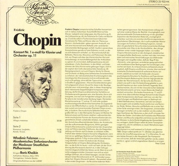 last ned album Chopin, Wladimir Felzman, Moskauer Philharmonie, Boris Khaikin - Klavierkonzert Nr1 E moll Op11