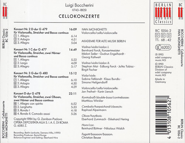 lataa albumi Luigi Boccherini Ivan Monighetti, Akademie Für Alte Musik Berlin - Cellokonzerte