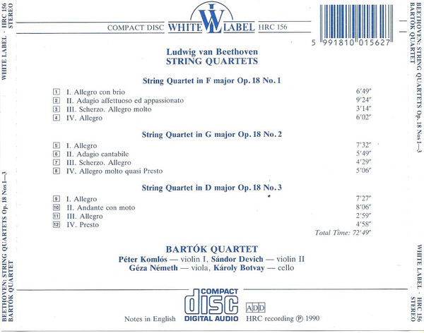 Album herunterladen Beethoven, Bartók Quartet - String Quartets Op 18 Nos 1 3