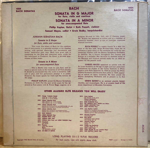 ladda ner album Johann Sebastian Bach, Phillip Kaplan, Ruth Posselt, Samuel Mayes, Erwin Bodky - Sonata In G Major For Flute Violin And Continuo