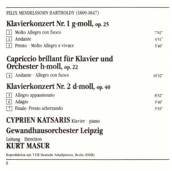 Album herunterladen Felix MendelssohnBartholdy Cyprien Katsaris, Kurt Masur, Gewandhausorchester Leipzig - Klavierkonzerte Nr 1 Und Nr 2 Capriccio Brillant