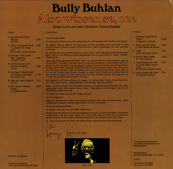 télécharger l'album Bully Buhlan, Erwin Lehn Und Sein SüdfunkTanzorchester - Also Wissen Se Nee