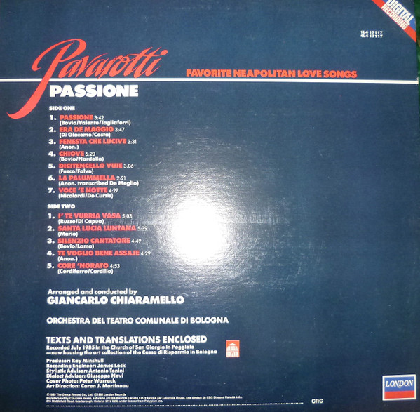 Pavarotti , Orchestra Del Teatro Comunale Di Bologna - Passione | London Records (1L4 17117) - 2