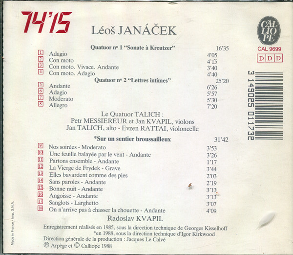 télécharger l'album Leoš Janáček, Le Quatuor Talich - Quatuor Nº 1 Sonate À Kreutzer Quatuor Nº 2 Lettres Intimes Sur Un Sentier Broussailleux