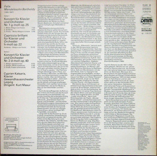baixar álbum Felix MendelssohnBartholdy Cyprien Katsaris, Kurt Masur, Gewandhausorchester Leipzig - Klavierkonzerte Nr 1 Und Nr 2 Capriccio Brillant