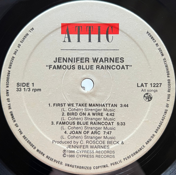 Jennifer Warnes - Famous Blue Raincoat (The Songs Of Leonard Cohen) | Attic (LAT 1227) - 3