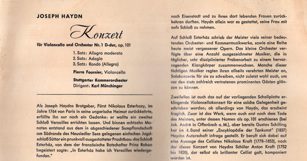 last ned album Joseph Haydn Pierre Fournier Stuttgarter Kammerorchester Dirigent Karl Münchinger - Cellokonzert