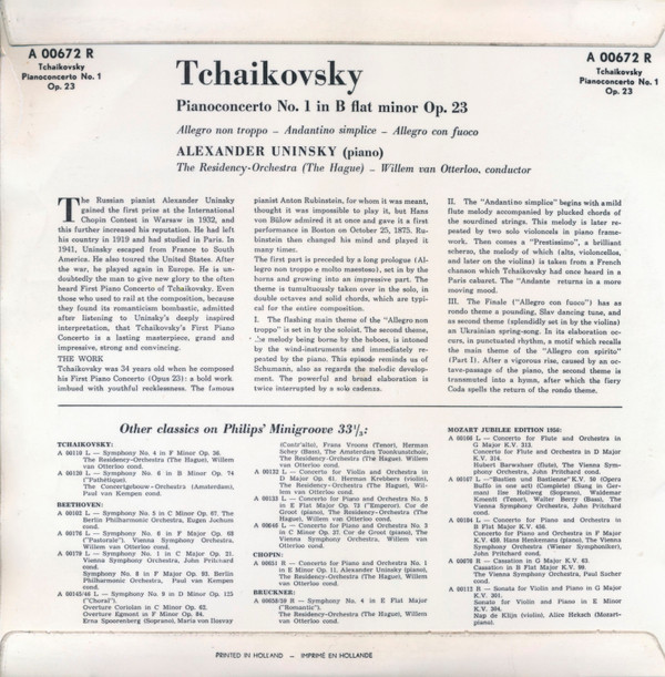 lataa albumi Download Tchaikovsky, Alexander Uninsky, Das Philharmonische Orchester Den Haag , Conductor Willem Van Otterloo - Pianoconcerto No 1 In B Flat Minor Op 23 album