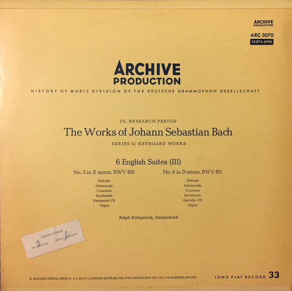 ladda ner album Johann Sebastian Bach Ralph Kirkpatrick - 6 English Suites III No 5 In E Minor BWV 810 No 6 In D Minor BWV 811