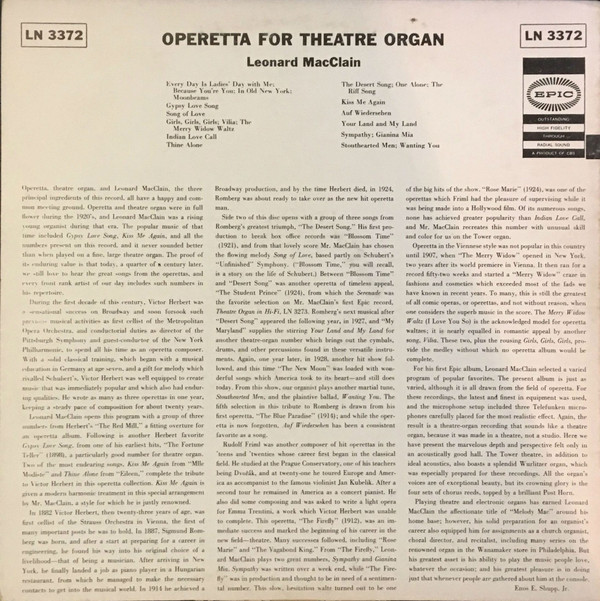 Leonard MacClain - Operetta For Theatre Organ | Epic (LN 3372) - 2