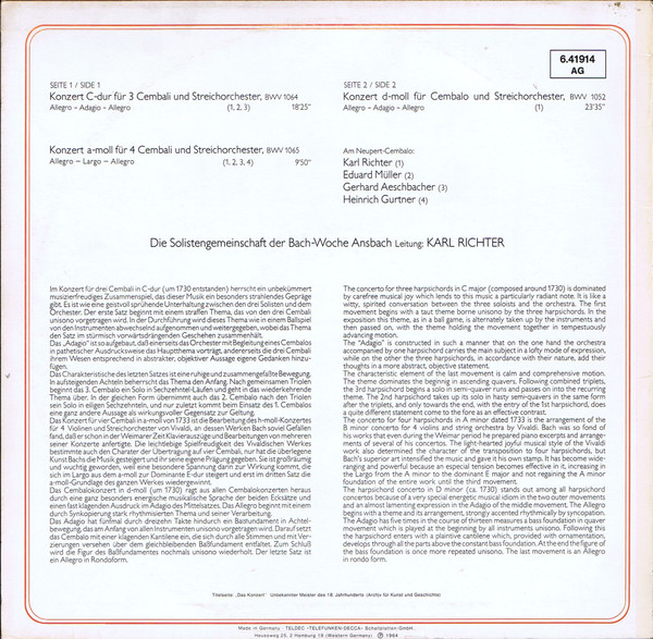 lataa albumi Johann Sebastian Bach - Cembalokonzerte Harpsichord Concertos BWV 1064 1065 1052