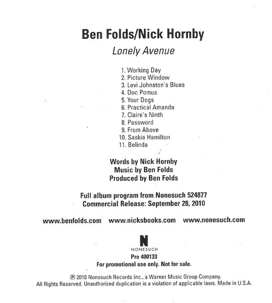 Ben Folds / Nick Hornby – Lonely Avenue (2010, Signed Manuscript, Vinyl) -  Discogs