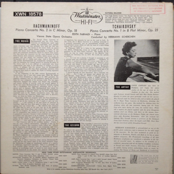 ladda ner album Rachmaninoff Tchaikowsky Vienna State Opera Orchestra, Hermann Scherchen, Edith Farnadi - Tchaikovsky Piano Concerto No 1 Rachmaninoff Piano Concerto No 2