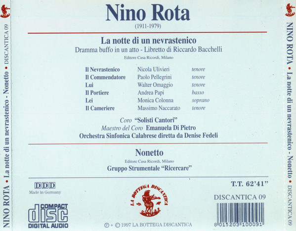 Album herunterladen Nino Rota Orchestra Sinfonica Calabrese, Denise Fedeli Gruppo Strumentale Ricercare - La Notte Di Un Nevrastenico Nonetto