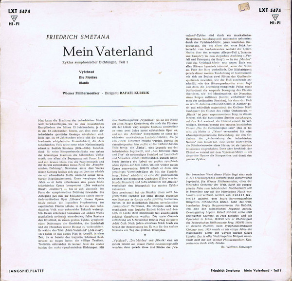 last ned album Friedrich Smetana, Rafael Kubelik, Wiener Philharmoniker - Mein Vaterland Vyšehrad Die Moldau Blaník