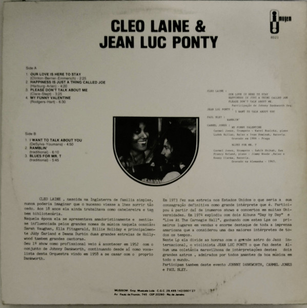 last ned album Cleo Laine & JeanLuc Ponty - Cleo Laine Jean Luc Ponty