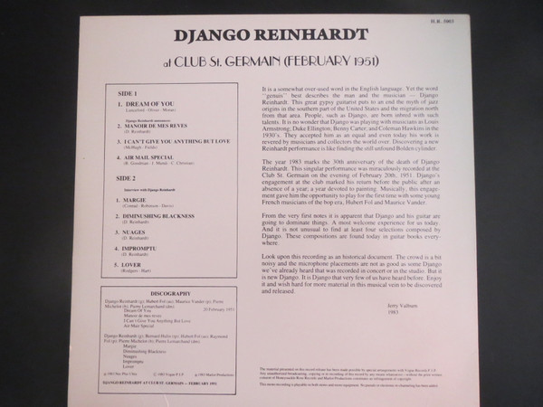 télécharger l'album Django Reinhardt - Django Reinhardt At Club St Germain February 1951