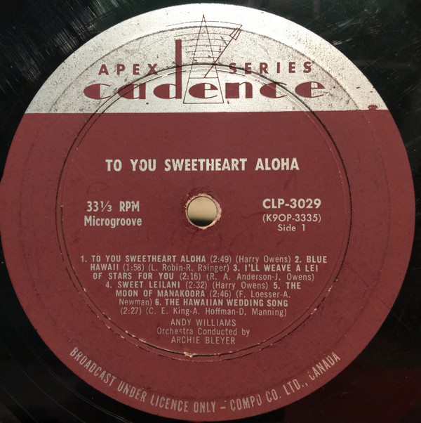 descargar álbum Andy Williams - To You Sweetheart Aloha