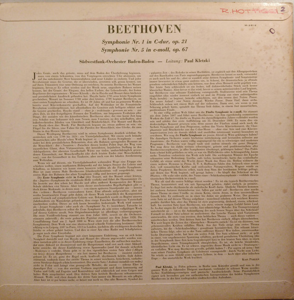 télécharger l'album Beethoven, SüdwestfunkOrchester BadenBaden, Paul Kletzki - Sinfonie Nr 1 In C Dur Op 21 Sinfonie Nr 5 In C Moll Op 67