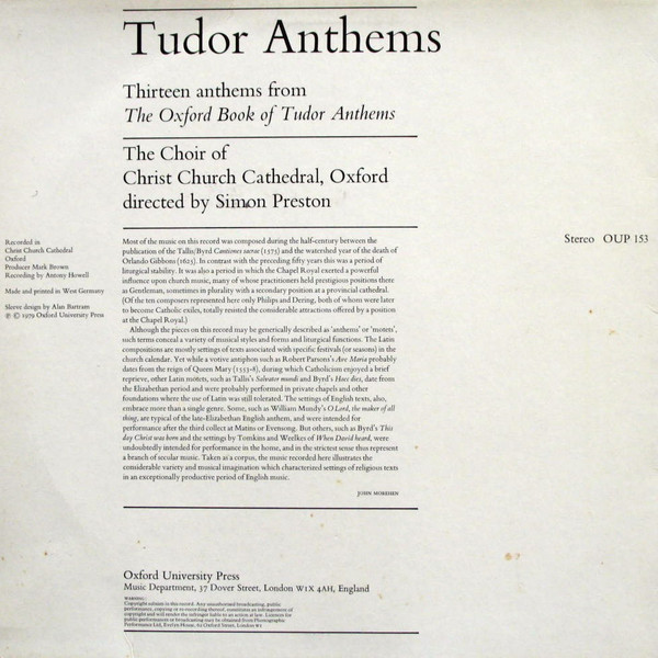 descargar álbum The Choir Of Christ Church Cathedral Directed By Simon Preston - Tudor Anthems