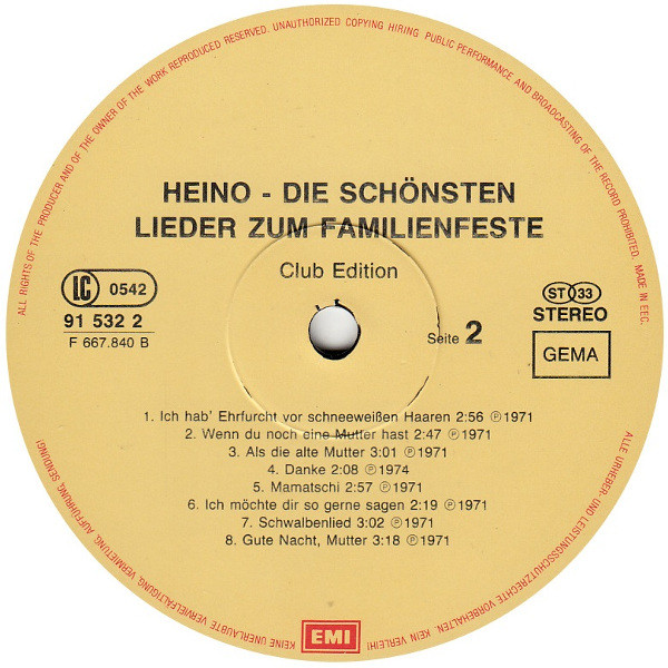 descargar álbum Heino - Die Schönsten Lieder Zum Familienfeste Hochzeit Muttertag Geburtstag