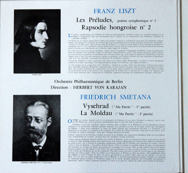 télécharger l'album Liszt Smetana Orchestre Philharmonique de Berlin Direction Herbert von Karajan - Les Préludes Rhapsodie Hongroise N2 La Moldau Vysehrad