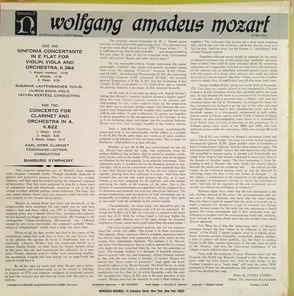 Album herunterladen Wolfgang Amadeus Mozart, Bamburg Symphony - Concerto For Clarinet And Orchestra In A K622 Sinfonia Concertante In E Flat For Violin Viola And Orchestra K364