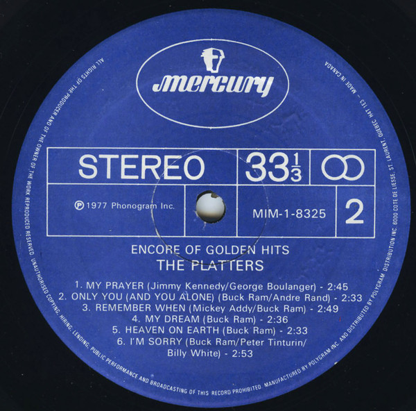 The Platters - Encore Of Golden Hits | Mercury (MIM-1-8325) - 4