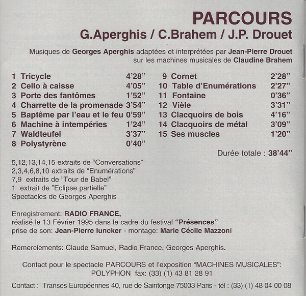 G. Aperghis / C. Brahem / J.P. Drouet – Parcours (1995, CD) - Discogs