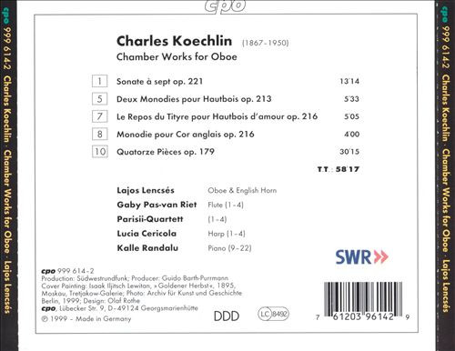 télécharger l'album Charles Koechlin, Lajos Lencsés - Chamber Works for Oboe