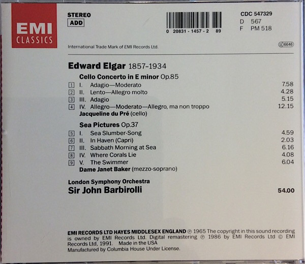 descargar álbum Elgar Jacqueline du Pré Dame Janet Baker Sir John Barbirolli London Symphony Orchestra - Cello Concerto Sea Pictures