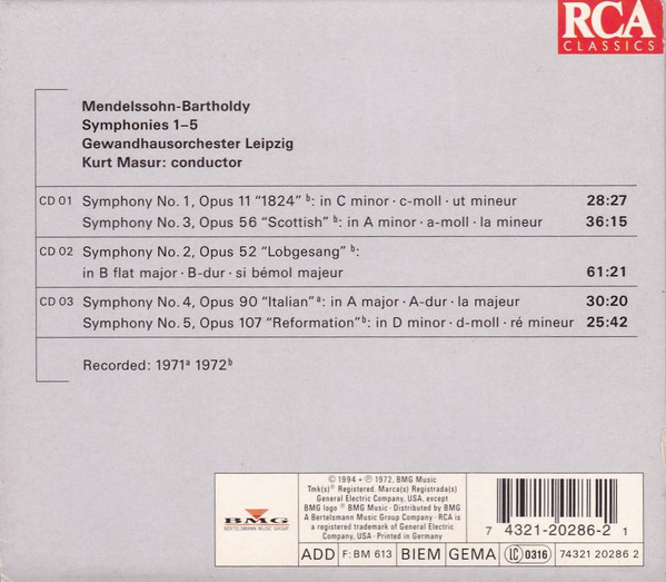 ladda ner album Mendelssohn, Kurt Masur, Gewandhausorchester Leipzig - Symphonies 1 5