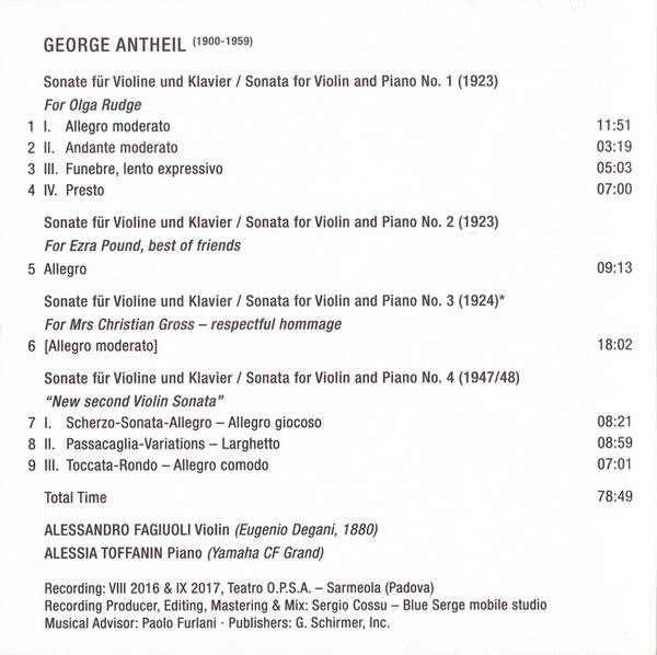 baixar álbum George Antheil, Alessandro Fagiuoli, Alessia Toffanin - Violin Sonatas Complete Violin Music Vol 1