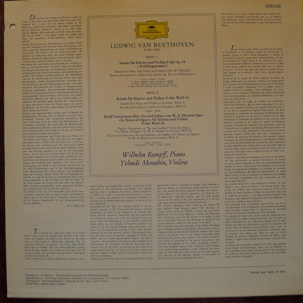 télécharger l'album Ludwig Van Beethoven Wilhelm Kempff Yehudi Menuhin - Frühlingssonate Spring Sonata Op24 Rondo WoO 41 12 Variationen WoO 40