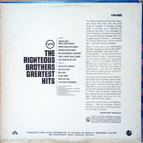 The Righteous Brothers - Greatest Hits | Verve Records (V-5020) - 2