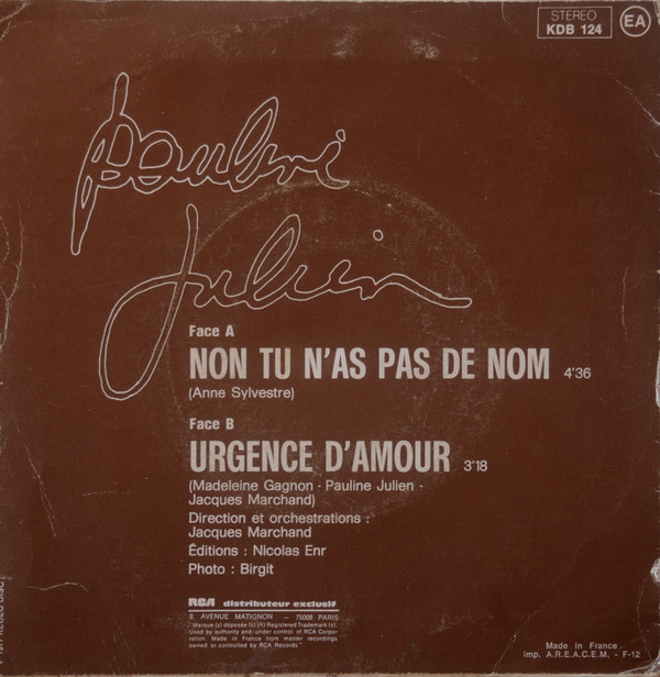 last ned album Pauline Julien - Non Tu Nas Pas De Nom Urgence DAmour