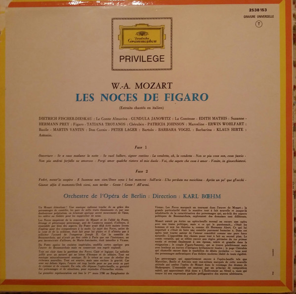 descargar álbum Wolfgang Amadeus Mozart, Dietrich FischerDieskau, Gundula Janowitz, Edith Mathis, Hermann Prey, Tatiana Troyanos, Orchestre De L'Opéra De Berlin, Karl Bœhm - Les Noces De Figaro