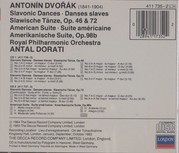 ladda ner album Dvořák, Antal Dorati, Royal Philharmonic Orchestra - Slavonic Dances Op 46 72 American Suite Op 98a