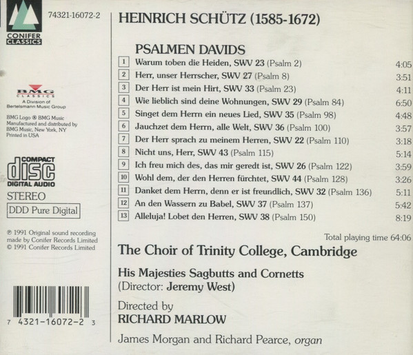 ladda ner album Schütz, The Choir Of Trinity College, Cambridge, His Majestys Sagbutts And Cornetts, Richard Marlow - Psalmen Davids