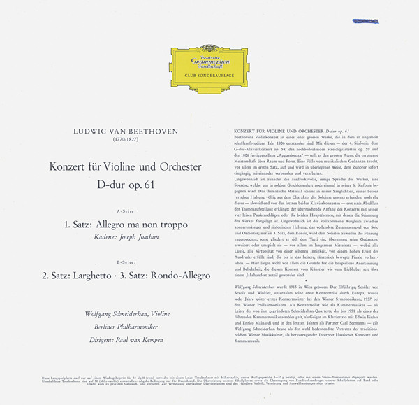 Album herunterladen Beethoven, Wolfgang Schneiderhan Berliner Philharmoniker Paul van Kempen - Konzert Für Violine Und Orchester D Dur Op 61