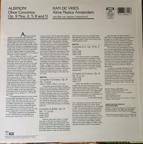 ladda ner album Han de Vries, Alma Musica Amsterdam - Albinoni Four Oboe Concertos Op9 Nos 258 11