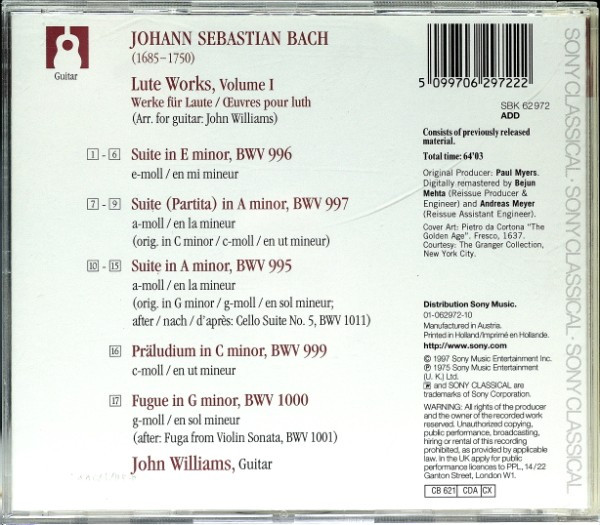 ladda ner album Bach, John Williams - Lute Suites Vol 1 BWV 995 996 997 999 1000