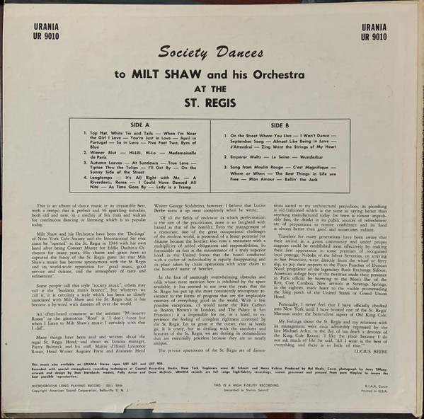 Album herunterladen Milt Shaw And His Orchestra - Society Dances To Milt Shaw And His Orchestra At The St Regis