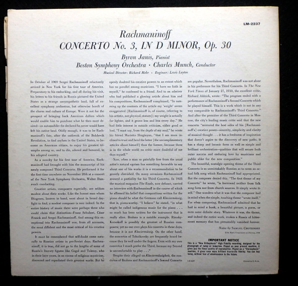 ladda ner album Rachmaninoff Byron Janis, Charles Munch, Boston Symphony Orchestra - Rachmaninoff Concerto No 3 In D Minor Op 30