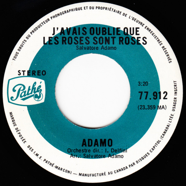 Adamo - j'avais oublié que les roses sont roses - disque vinyle 45 tours