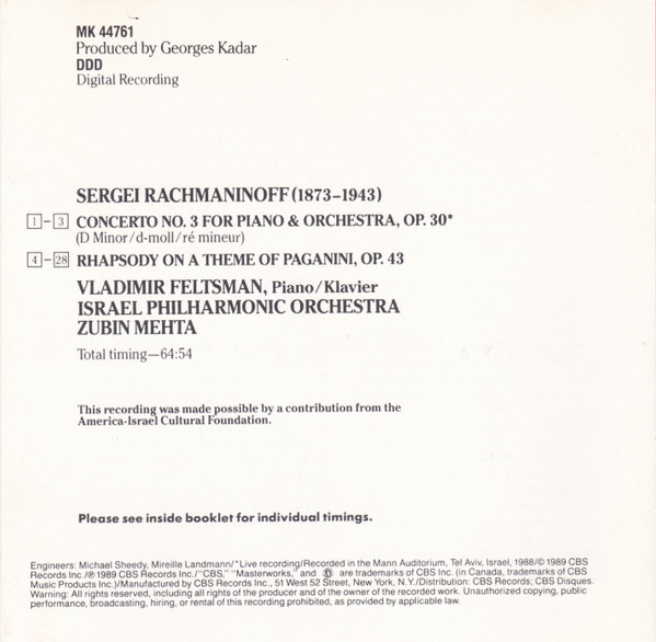 descargar álbum Rachmaninoff, Vladimir Feltsman, Zubin Mehta, Israel Philharmonic Orchestra - Piano Concerto No 3 Rhapsody On A Theme Of Paganini