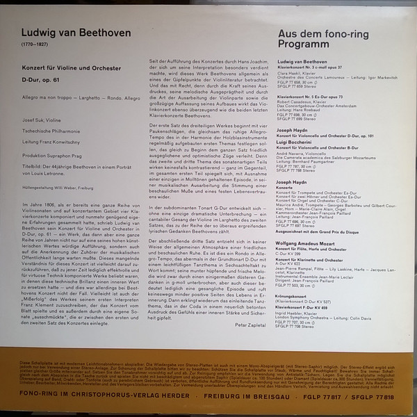 Album herunterladen Ludwig van Beethoven Josef Suk, Tschechische Philharmonie, Franz Konwitschny - Konzert Für Violine Und Orchester D dur Op 61