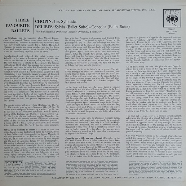 télécharger l'album Chopin Delibes Eugene Ormandy, The Philadelphia Orchestra - Three Favorite Ballets Les Sylphides Suite From Sylvia Suite From Coppélia
