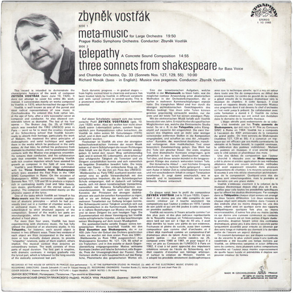 Zbyněk Vostřák - Meta-Music / Telepathy / Three Sonnets From Shakespeare | Supraphon (1 10 0966) - 2